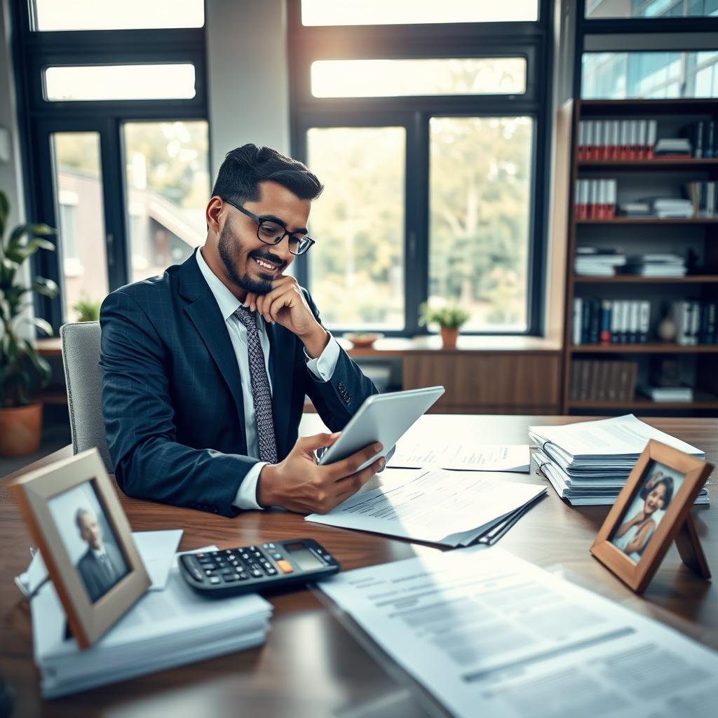 A serene office setting with natural light streaming in through large windows. In the foreground, a thoughtful single parent, dressed in a smart business suit, sits at a desk filled with documents related to life insurance and estate planning. The parent is looking at a tablet with a content expression, emphasizing a sense of security and hope for the future. In the middle ground, stacks of paperwork, a calculator, and a family photo frame showcase the importance of planning for loved ones. The background features shelves with books on finance and family care, enhancing the atmosphere of professionalism and care. The soft lighting creates a warm, inviting mood, symbolizing stability and reassurance for single-parent families.