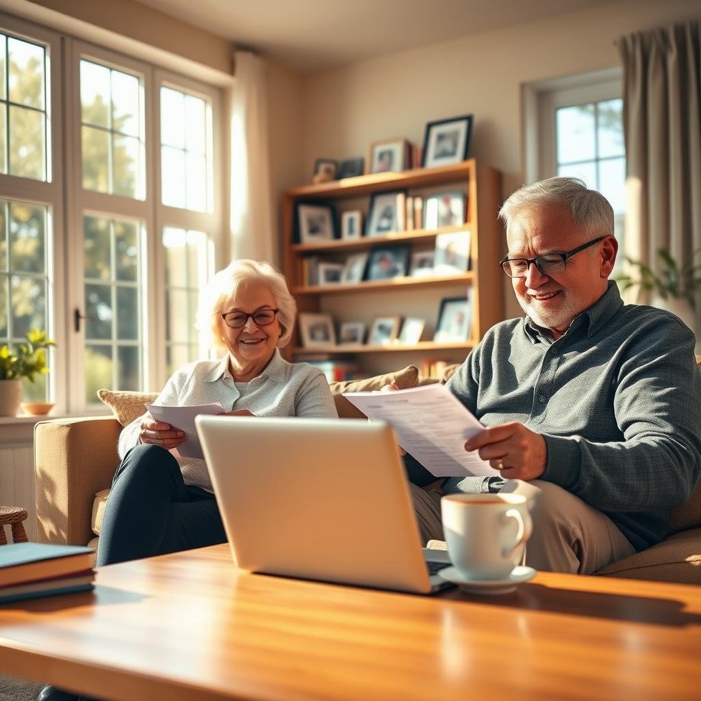 A serene retirement scene showcasing a retired couple discussing their life insurance benefits in a cozy living room. In the foreground, the couple, dressed in smart casual attire, are smiling and reviewing documents, with a laptop and a cup of tea on a wooden coffee table. In the middle, a bookshelf filled with family photos and financial books signifies security and legacy. In the background, large windows allow warm sunlight to stream in, creating a welcoming atmosphere with soft shadows. The color palette is warm and inviting, emphasizing comfort and peace of mind. The image should evoke a sense of trust and contentment, portraying the positive impact of life insurance in ensuring a secure and enjoyable retirement. A serene retirement scene showcasing a retired couple discussing their life insurance benefits in a cozy living room. In the foreground, the couple, dressed in smart casual attire, are smiling and reviewing documents, with a laptop and a cup of tea on a wooden coffee table. In the middle, a bookshelf filled with family photos and financial books signifies security and legacy. In the background, large windows allow warm sunlight to stream in, creating a welcoming atmosphere with soft shadows. The color palette is warm and inviting, emphasizing comfort and peace of mind. The image should evoke a sense of trust and contentment, portraying the positive impact of life insurance in ensuring a secure and enjoyable retirement.