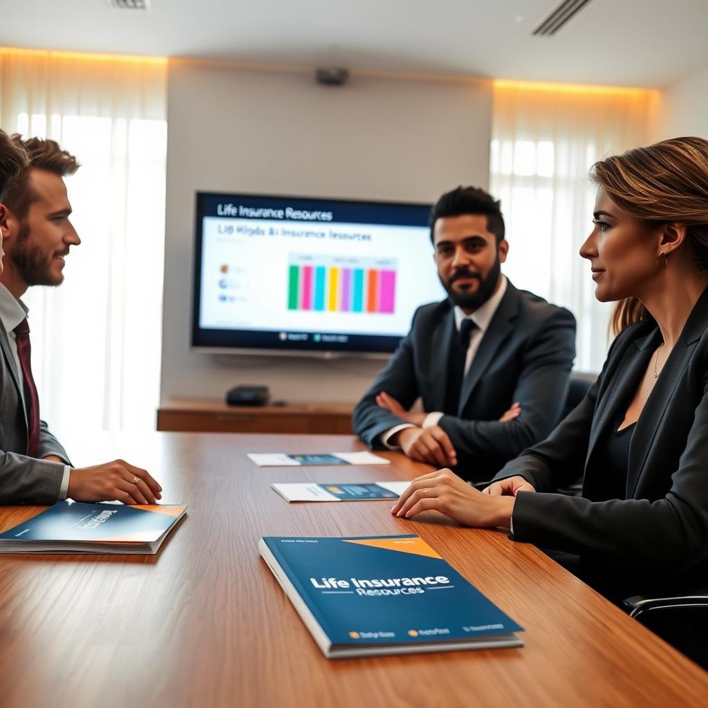 A sophisticated office setting featuring a diverse group of three professionals—two men and one woman—dressed in smart business attire, engaged in earnest discussion about life insurance options for high-risk individuals. In the foreground, a modern wooden conference table holds brochures titled "Life Insurance Resources." In the middle ground, a large digital screen displays a chart showing statistics on high-risk individuals and potential insurance plans. Behind them, a bright window lets in natural light, casting a warm, inviting glow throughout the room. The atmosphere is collaborative and supportive, highlighting the importance of accessible resources for those seeking financial protection. Capture this scene from a slightly elevated angle to provide depth, focusing on the professionals’ expressions and the engaging materials. A sophisticated office setting featuring a diverse group of three professionals—two men and one woman—dressed in smart business attire, engaged in earnest discussion about life insurance options for high-risk individuals. In the foreground, a modern wooden conference table holds brochures titled "Life Insurance Resources." In the middle ground, a large digital screen displays a chart showing statistics on high-risk individuals and potential insurance plans. Behind them, a bright window lets in natural light, casting a warm, inviting glow throughout the room. The atmosphere is collaborative and supportive, highlighting the importance of accessible resources for those seeking financial protection. Capture this scene from a slightly elevated angle to provide depth, focusing on the professionals’ expressions and the engaging materials.