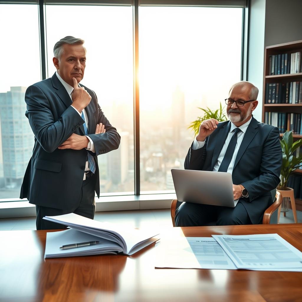 A thoughtful business owner stands confidently in a modern office, depicted in business attire, discussing life insurance with an insurance advisor seated across from them. The foreground shows a polished wooden desk, covered with open documents and a laptop, emphasizing professionalism and careful planning. In the middle ground, a large window reveals a bustling cityscape bathed in soft, natural light, projecting an optimistic and protective atmosphere. The background features bookshelves filled with business texts and a potted plant, adding warmth and a sense of legacy to the scene. The lighting is bright yet soft, highlighting the expressions of focus and determination on the faces of the individuals. The image conveys a sense of trust, knowledge, and the importance of securing a future for one’s business. A thoughtful business owner stands confidently in a modern office, depicted in business attire, discussing life insurance with an insurance advisor seated across from them. The foreground shows a polished wooden desk, covered with open documents and a laptop, emphasizing professionalism and careful planning. In the middle ground, a large window reveals a bustling cityscape bathed in soft, natural light, projecting an optimistic and protective atmosphere. The background features bookshelves filled with business texts and a potted plant, adding warmth and a sense of legacy to the scene. The lighting is bright yet soft, highlighting the expressions of focus and determination on the faces of the individuals. The image conveys a sense of trust, knowledge, and the importance of securing a future for one’s business.