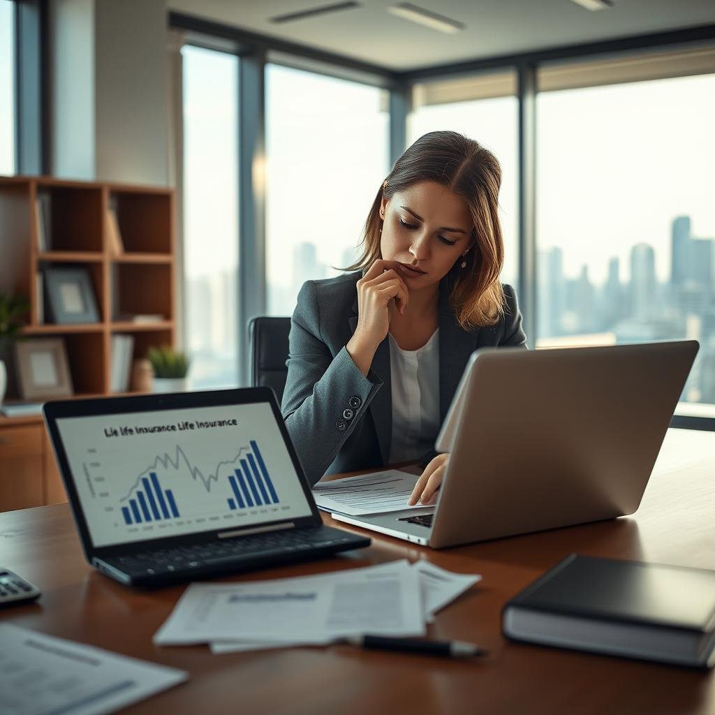A tranquil office setting with a professional businesswoman examining financial documents related to life insurance and mortgage protection. In the foreground, she is seated at a sleek wooden desk cluttered with charts and a calculator, deep in thought. The middle layer features an open laptop displaying a graph illustrating the cost of life insurance over time. The background reveals a large window with soft, natural lighting streaming in, showcasing a city skyline, suggesting stability and security. The overall mood is focused and serious, evoking a sense of responsibility and preparation. The scene is captured with a shallow depth of field using a 50mm lens, highlighting the subject while gently blurring the background.