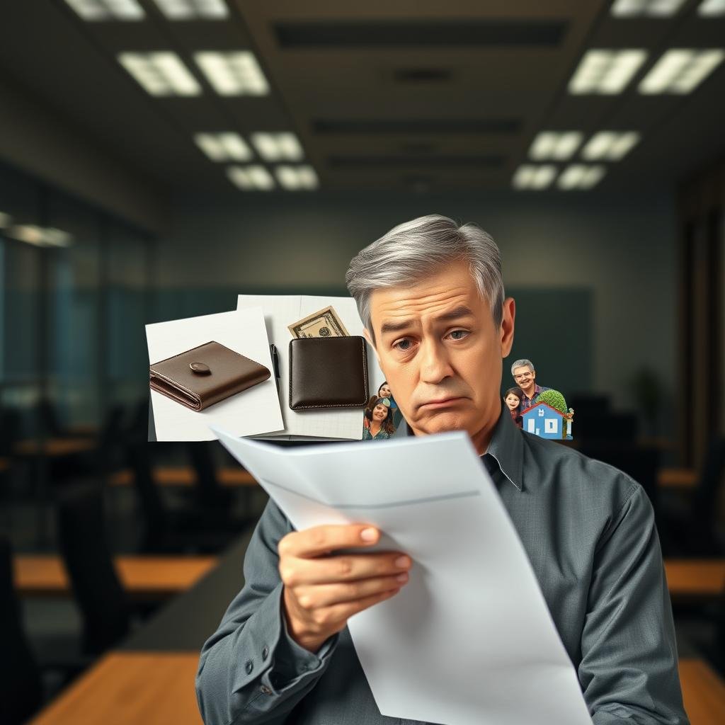 A visual representation of the consequences of not converting a life insurance policy. In the foreground, a concerned middle-aged person in professional attire is looking at a document with a worried expression, symbolizing the anxiety of facing financial uncertainty. In the middle background, a split scene contrasting two paths: one side depicts an empty wallet and a declining graph, while the other features secure family images and flourishing finances, suggesting what could have been. The background includes a blurred office setting, providing a sense of urgency with dim overhead lighting to create a somber, reflective mood. The camera angle is slightly above eye level, emphasizing the weight of the decision. The overall atmosphere is serious and contemplative, illustrating the importance of making informed choices regarding life insurance conversion. A visual representation of the consequences of not converting a life insurance policy. In the foreground, a concerned middle-aged person in professional attire is looking at a document with a worried expression, symbolizing the anxiety of facing financial uncertainty. In the middle background, a split scene contrasting two paths: one side depicts an empty wallet and a declining graph, while the other features secure family images and flourishing finances, suggesting what could have been. The background includes a blurred office setting, providing a sense of urgency with dim overhead lighting to create a somber, reflective mood. The camera angle is slightly above eye level, emphasizing the weight of the decision. The overall atmosphere is serious and contemplative, illustrating the importance of making informed choices regarding life insurance conversion.