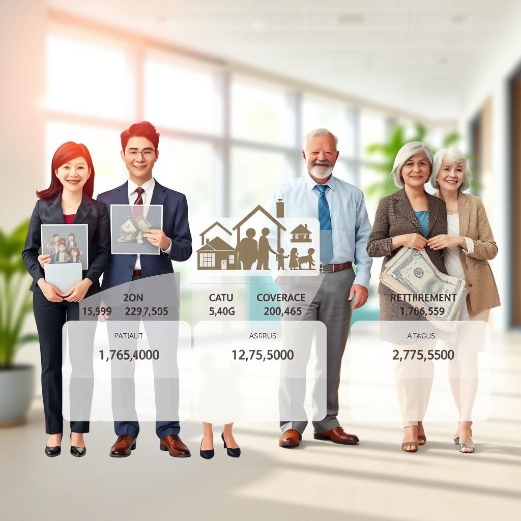 A visually appealing illustration depicting "life insurance coverage amounts" tailored for different life stages. In the foreground, show a diverse group of individuals in professional business attire—such as a young couple, a middle-aged family, and an elderly pair—each holding a transparent chart showcasing various coverage amounts. The middle section includes various life stage symbols, like a house, children’s toys, and a retirement fund, artistically blended into the scene. The background features a bright, welcoming office environment with soft natural light streaming through large windows. Use a shallow depth of field to emphasize the foreground elements, creating a warm and informative atmosphere, highlighting the importance of life insurance across different ages and milestones.