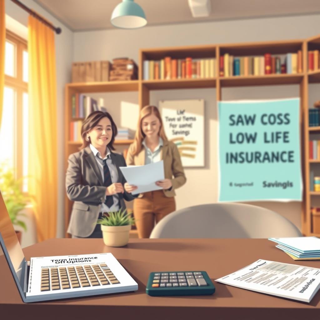 A visually appealing illustration focused on low-cost term life insurance, featuring a serene office environment in the foreground with a desk displaying an open laptop, a calculator, and a document titled "Term Life Insurance Options." In the middle ground, there is a confident financial advisor in professional attire, engaging with a couple looking optimistic and financially savvy, reviewing potential discounts together. In the background, shelves filled with financial books and a motivational poster about savings suggest a supportive atmosphere. Warm, natural lighting filters through the window, creating a sense of trust and hopefulness. The overall mood is professional yet inviting, emphasizing good financial choices and the opportunity for savings. A slight depth of field creates focus on the main subjects.