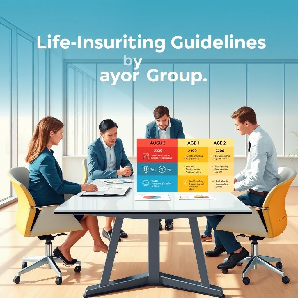 A visually engaging and informative illustration depicting life insurance underwriting guidelines by age group. In the foreground, a diverse group of professionals in business attire collaborates around a sleek conference table, analyzing charts and documents. In the middle, there are visually distinct age group sections represented by colorful infographics, showcasing specific underwriting guidelines, such as health metrics and risk factors associated with each age range. The background features a modern office environment with large windows, allowing natural light to flood in, creating a bright and welcoming atmosphere. The camera angle captures the interaction between the team, emphasizing teamwork and professionalism. The overall mood should be one of collaboration, clarity, and focus on the topic of underwriting within the life insurance sector.