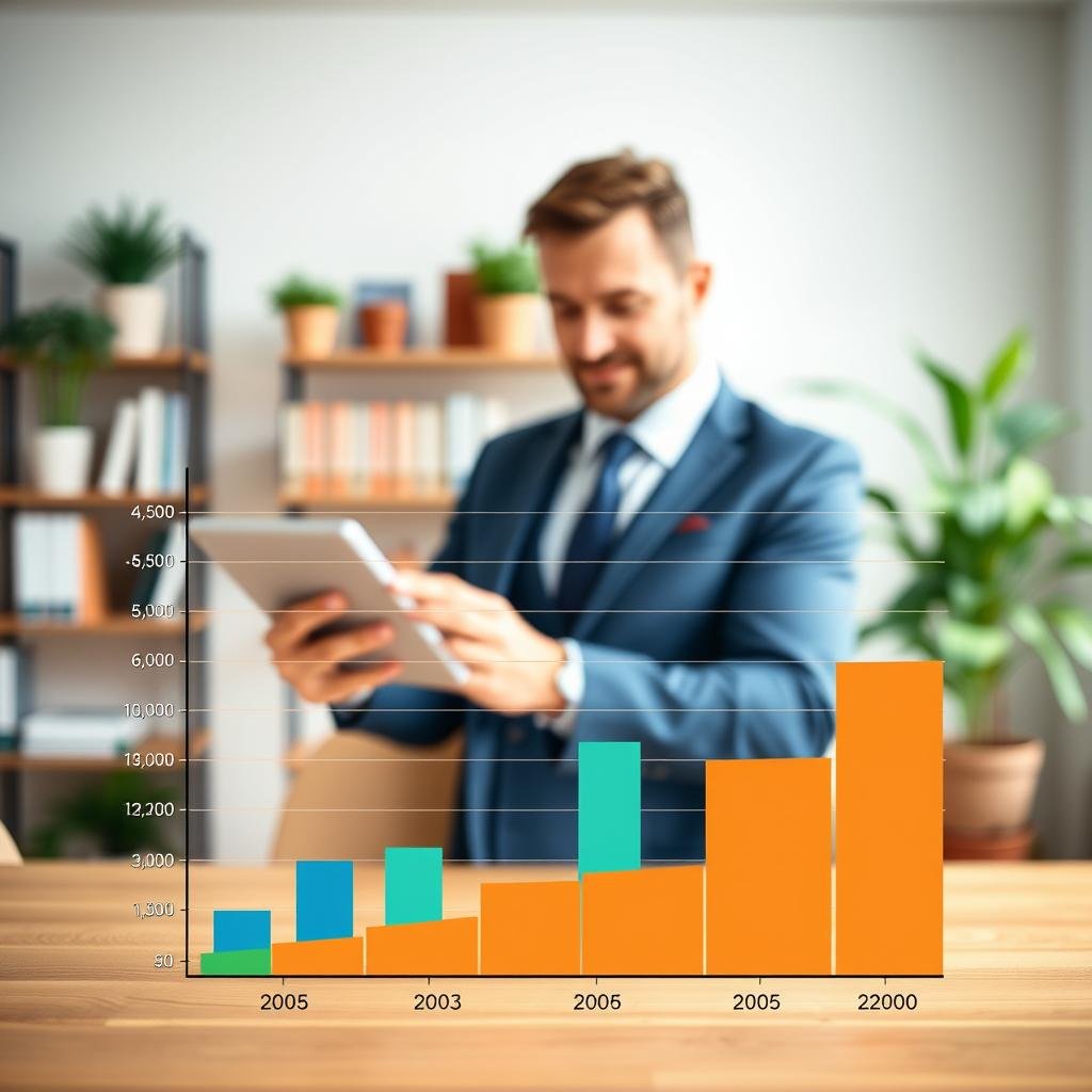 A visually engaging chart illustrating "life insurance premiums by age," set against a clean, professional background that conveys trust and reliability. In the foreground, a stylish, colorful bar graph displays age ranges on the x-axis and premium costs on the y-axis, with distinct bars in shades of blue, green, and orange. The middle ground features a warm, inviting office space, with a well-dressed professional, either a man or woman in business attire, analyzing the chart on a tablet. In the background, a subtly blurred view of shelves filled with financial books and plants adds a sense of depth and professionalism. The lighting is bright and natural, creating an optimistic and encouraging atmosphere that suggests affordable options for life insurance.