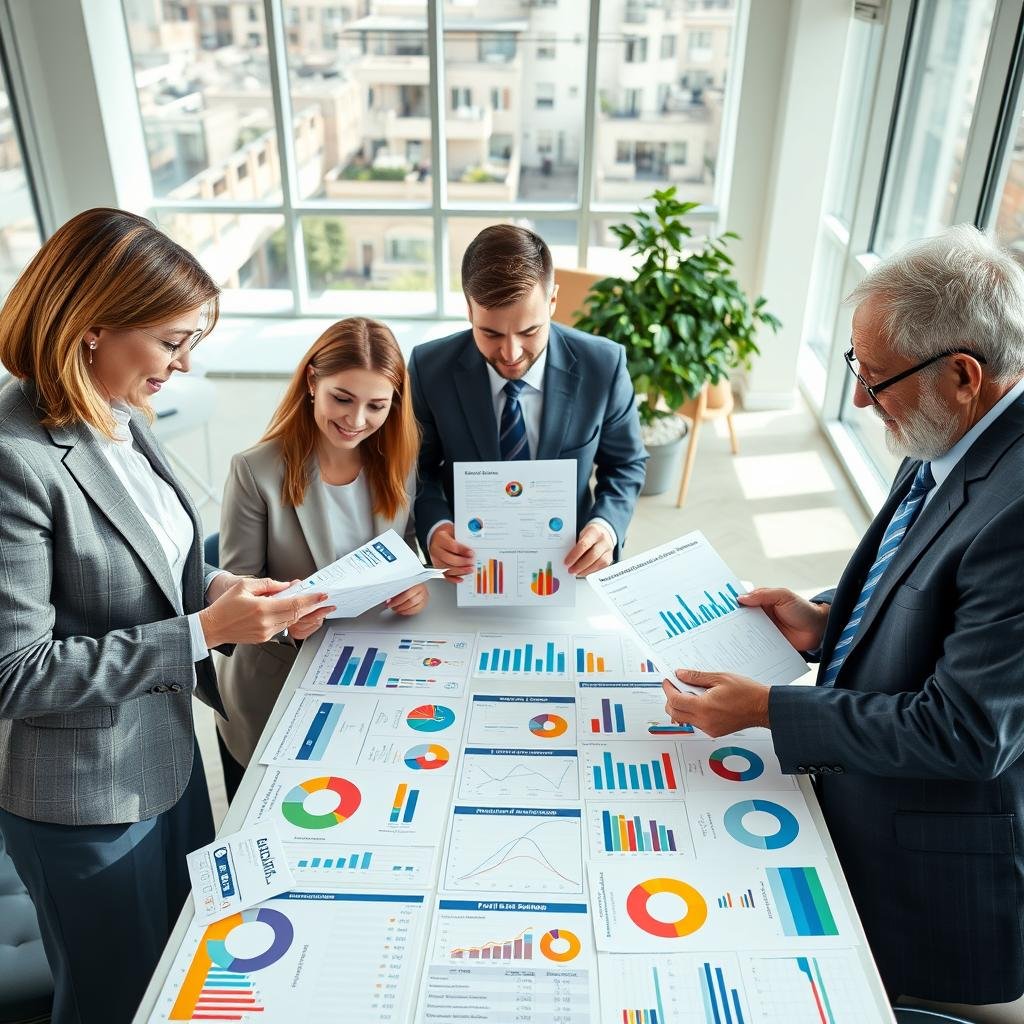 A visually engaging comparison of life insurance policies represented through dynamic charts and graphs, set in a well-organized office environment. In the foreground, a diverse group of three professionals—a middle-aged woman, a young man, and an older gentleman—dressed in smart business attire, thoughtfully analyzing documents and digital devices depicting quotes. The middle section shows a large table cluttered with comparison charts and colorful infographics illustrating factors like health, lifestyle choices, and premiums. In the background, a bright, airy office with large windows allowing sunlight to flood in, creating an optimistic atmosphere. The angle is a slightly elevated view that captures the focus on collaboration and decision-making, while maintaining a professional and informative mood. A visually engaging comparison of life insurance policies represented through dynamic charts and graphs, set in a well-organized office environment. In the foreground, a diverse group of three professionals—a middle-aged woman, a young man, and an older gentleman—dressed in smart business attire, thoughtfully analyzing documents and digital devices depicting quotes. The middle section shows a large table cluttered with comparison charts and colorful infographics illustrating factors like health, lifestyle choices, and premiums. In the background, a bright, airy office with large windows allowing sunlight to flood in, creating an optimistic atmosphere. The angle is a slightly elevated view that captures the focus on collaboration and decision-making, while maintaining a professional and informative mood.