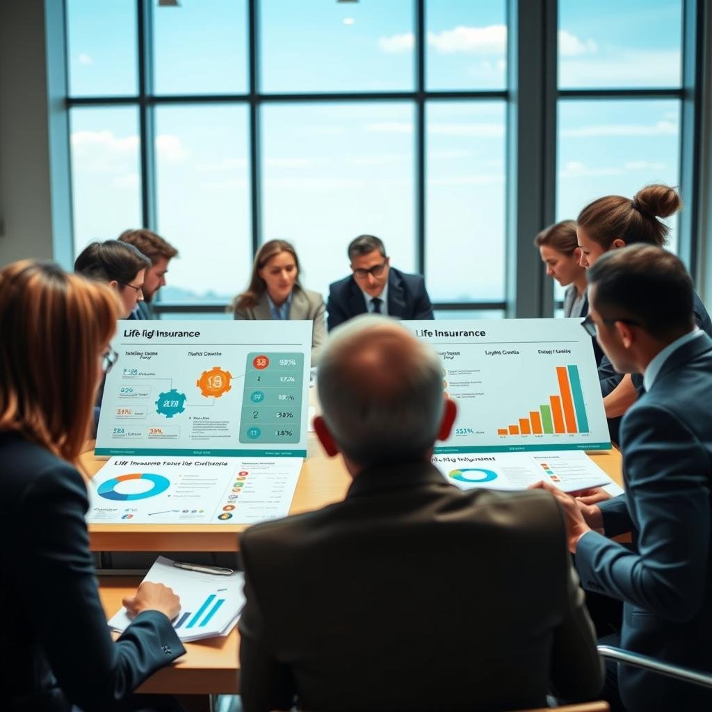 A visually engaging comparison of life insurance providers aimed at high-risk individuals. In the foreground, depict a professional, diverse group of businesspeople in formal attire, analyzing charts and documents on a large conference table. In the middle ground, illustrate colorful infographics showcasing life insurance options, highlighting costs and benefits with clear icons and graphs. In the background, a modern office setting with large windows illuminating the scene with soft, natural light, emphasizing a clear blue sky outside to convey optimism. The atmosphere is collaborative and focused, suggesting intelligent discussion and decision-making regarding life insurance options for high-risk individuals. Use a wide-angle lens perspective to capture the entire setting. A visually engaging comparison of life insurance providers aimed at high-risk individuals. In the foreground, depict a professional, diverse group of businesspeople in formal attire, analyzing charts and documents on a large conference table. In the middle ground, illustrate colorful infographics showcasing life insurance options, highlighting costs and benefits with clear icons and graphs. In the background, a modern office setting with large windows illuminating the scene with soft, natural light, emphasizing a clear blue sky outside to convey optimism. The atmosphere is collaborative and focused, suggesting intelligent discussion and decision-making regarding life insurance options for high-risk individuals. Use a wide-angle lens perspective to capture the entire setting.