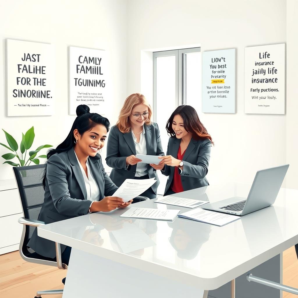 A visually engaging illustration of a couple in a modern, well-lit office environment, engaged in the joint life insurance application process. In the foreground, a diverse couple, a South Asian woman and a Black man, are seated at a sleek, contemporary desk filled with paperwork and a laptop. They are attired in smart, professional clothing, displaying expressions of focus and determination. In the middle, a friendly insurance advisor, a middle-aged Caucasian woman, is providing guidance, pointing to a form with a warm smile. The background features light-colored walls adorned with motivational posters about family and financial security, and a window allowing natural light to pour in, creating a bright, optimistic atmosphere. Use a soft focus to emphasize the subjects while capturing the professionalism of the setting. A visually engaging illustration of a couple in a modern, well-lit office environment, engaged in the joint life insurance application process. In the foreground, a diverse couple, a South Asian woman and a Black man, are seated at a sleek, contemporary desk filled with paperwork and a laptop. They are attired in smart, professional clothing, displaying expressions of focus and determination. In the middle, a friendly insurance advisor, a middle-aged Caucasian woman, is providing guidance, pointing to a form with a warm smile. The background features light-colored walls adorned with motivational posters about family and financial security, and a window allowing natural light to pour in, creating a bright, optimistic atmosphere. Use a soft focus to emphasize the subjects while capturing the professionalism of the setting.