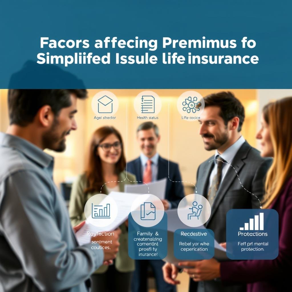 A visually engaging illustration of factors affecting premiums for simplified issue life insurance. In the foreground, a diverse group of people in professional business attire, depicted in thoughtful conversation with documents in hand, representing families discussing their insurance options. The middle ground features relevant visual elements such as charts, graphs, and icons symbolizing key factors like age, health status, and lifestyle choices. The background includes a softly blurred office environment, with warm ambient lighting creating a welcoming atmosphere. A shallow depth of field focuses on the gathering, highlighting the importance of family protection through insurance. The overall mood is informative and supportive, conveying trust and clarity in financial decision-making.
