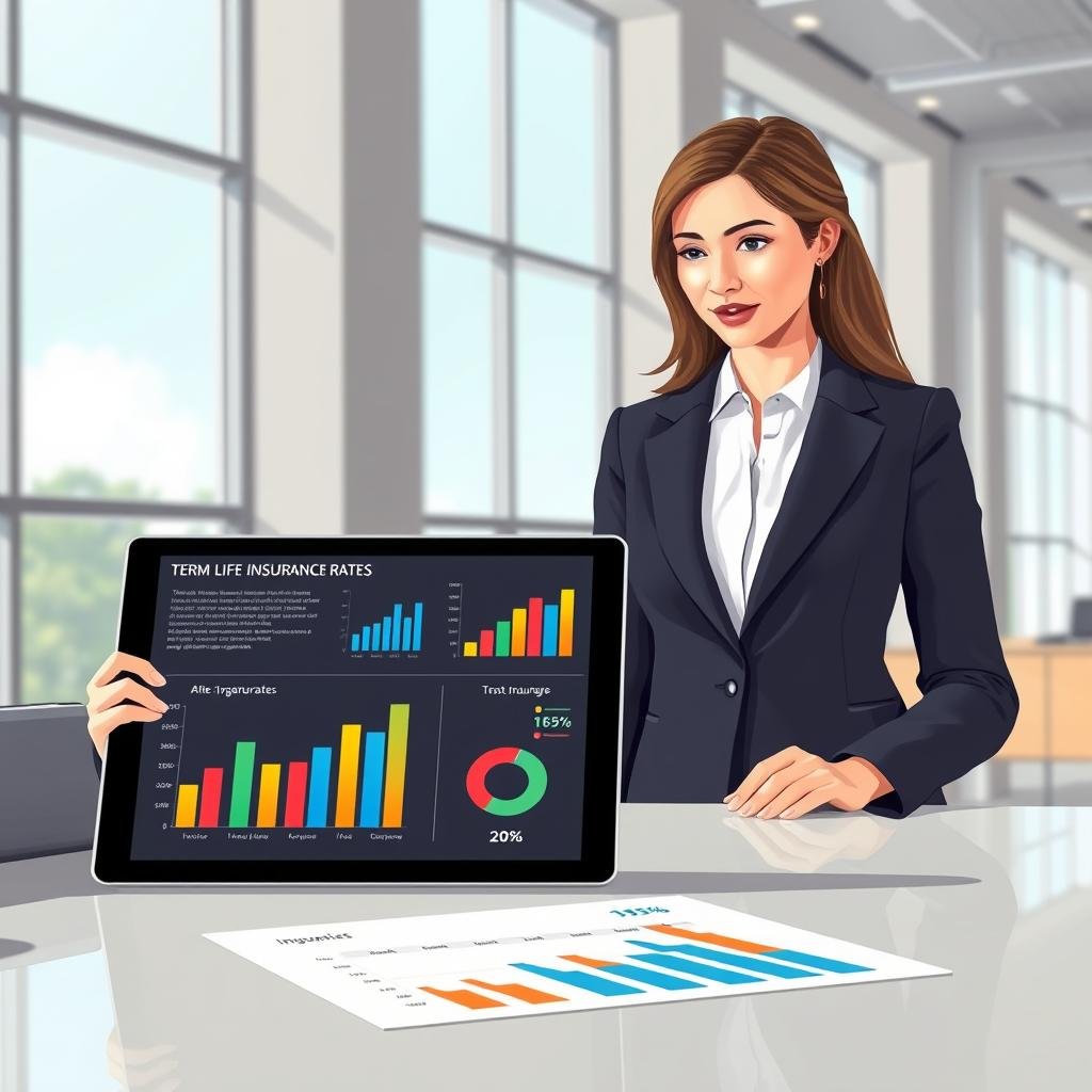 A visually engaging illustration showcasing a comparative analysis of term life insurance rates. In the foreground, a confident professional woman in smart business attire looks at a digital tablet displaying colorful charts and graphs. In the middle, a sleek infographic design with various term life insurance rates, represented as clear bar graphs and pie charts, arranged on a polished office desk. The background features a modern office environment with large windows allowing natural light to flood in, creating a bright and optimistic atmosphere. The scene should reflect a sense of trust and professionalism, emphasizing the importance of informed decision-making in choosing affordable life insurance options. Aim for a clean, modern aesthetic with an emphasis on clarity and organization in the information presented.