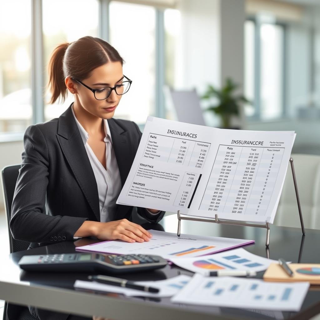 A visually engaging image illustrating the concept of "group term life insurance rates comparison" for the transition from group to individual coverage. In the foreground, a professional businesswoman in smart attire examines a comparison chart filled with various insurance rates, with a focused expression. The middle ground features a sleek table displaying tools like calculators, graphs, and documents in an organized manner, symbolizing financial assessment. The background displays a clean, modern office environment with bright, natural lighting streaming through large windows. A slight blur on the background creates depth, highlighting the important elements in the foreground. The overall mood is one of professionalism and clarity, emphasizing careful decision-making and financial planning.