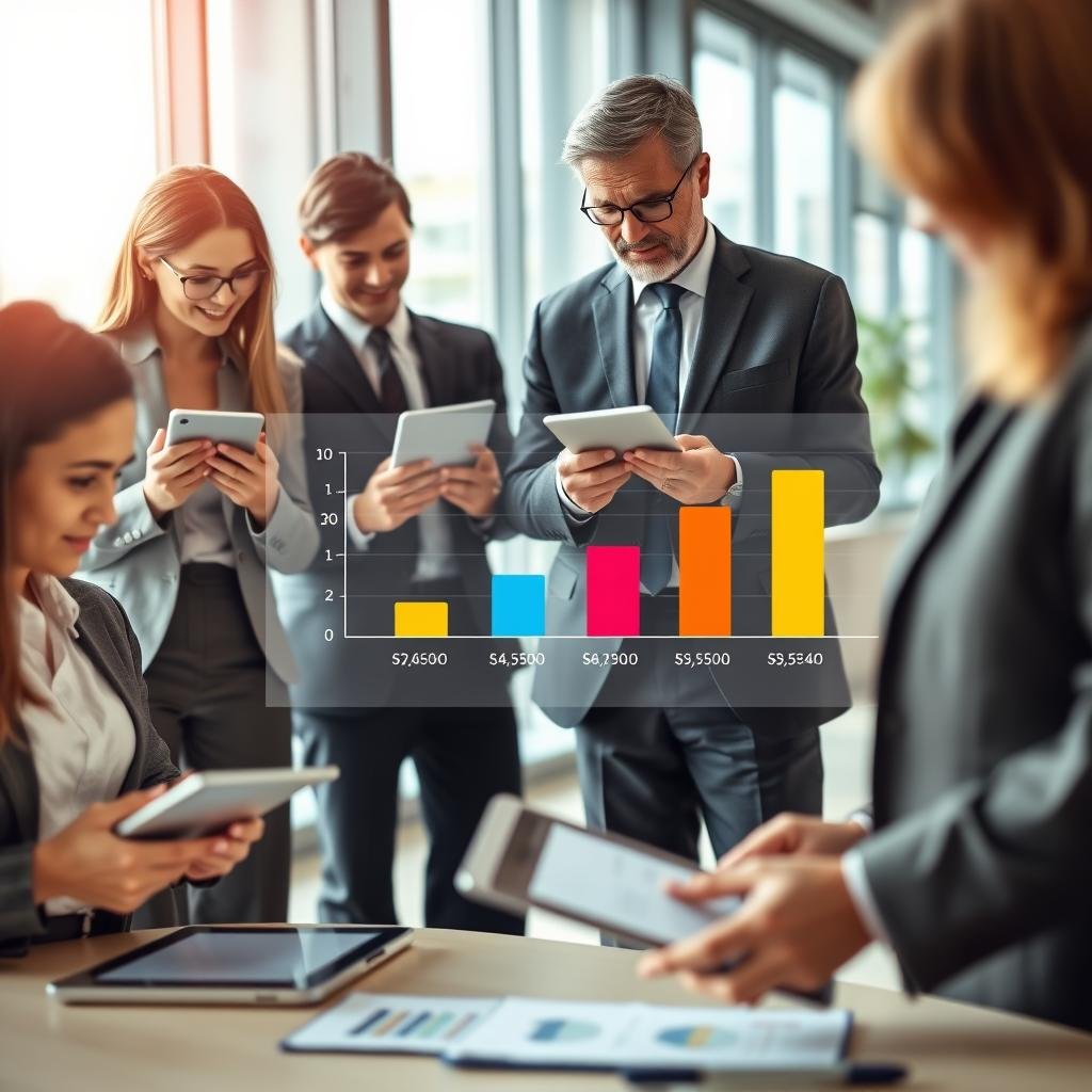A visually engaging infographic illustrating the concept of comparing life insurance rates by age. In the foreground, include a diverse group of professional individuals of varying ages—young adult, middle-aged, and senior—wearing smart business attire, analyzing charts and graphs on tablets and laptops. The middle ground features a large, clear graphic of a bar chart displaying life insurance rates across different ages, with distinct colors for each age group. In the background, a soft-focus modern office environment with large windows letting in natural light creates a bright and optimistic atmosphere. Use warm, inviting lighting to enhance the professional yet approachable mood. The angle should be slightly elevated, capturing the collaborative effort of the individuals as they discuss their findings.