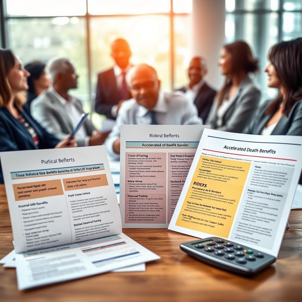 A visually engaging representation of whole life insurance riders, featuring a composition centered on a professional advisor discussing various insurance options with a diverse group of clients in smart business attire. In the foreground, close-up imagery of detailed brochures showcasing different riders, such as accelerated death benefits and waiver of premium, with clear, vibrant colors. The middle ground captures a table with financial documents and a calculator, symbolizing informed decision-making. The background includes a well-lit office environment with large windows, allowing natural light to flood in, creating a bright and optimistic atmosphere. The overall mood conveys trust, security, and professionalism, highlighting the importance of additional coverage options in whole life insurance.