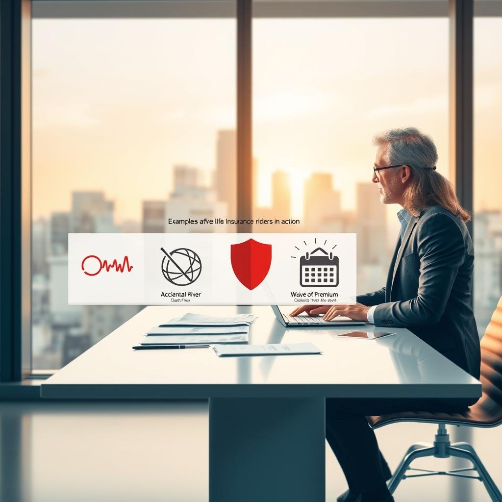 A visually organized illustration showcasing three distinct life insurance riders in action. In the foreground, a professional middle-aged couple in business attire discusses their life insurance options at a sleek, modern office table, with documents and a laptop open in front of them. In the middle ground, an infographic-style visual depicts examples of the riders: a critical illness rider represented by a heartbeat icon, an accidental death benefit highlighted with a shield symbol, and a waiver of premium illustrated with a calendar. In the background, large windows let in warm, natural light, creating a welcoming atmosphere with a view of a city skyline. The mood is optimistic and professional, emphasizing the importance of planning for the future. A visually organized illustration showcasing three distinct life insurance riders in action. In the foreground, a professional middle-aged couple in business attire discusses their life insurance options at a sleek, modern office table, with documents and a laptop open in front of them. In the middle ground, an infographic-style visual depicts examples of the riders: a critical illness rider represented by a heartbeat icon, an accidental death benefit highlighted with a shield symbol, and a waiver of premium illustrated with a calendar. In the background, large windows let in warm, natural light, creating a welcoming atmosphere with a view of a city skyline. The mood is optimistic and professional, emphasizing the importance of planning for the future.