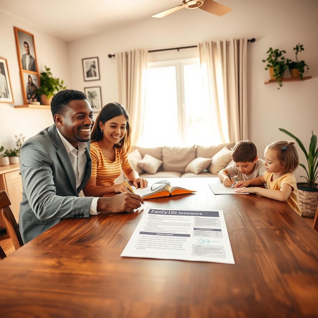 A warm and inviting living room scene featuring a diverse family of four gathered around a wooden dining table, engaging in a discussion about their future. The foreground captures a smiling couple in professional business attire and their two children, one doing homework and the other drawing. In the middle, a bright light streams in through a large window, illuminating a family life insurance document laid out on the table, symbolizing security and planning. The background showcases family photos on the walls, a cozy couch, and plants, creating a homely and nurturing atmosphere. The overall mood is hopeful and optimistic, suggesting confidence in securing a future together. The image should have soft, natural lighting, shot from a slight angle to capture the warmth of the family connection. A warm and inviting living room scene featuring a diverse family of four gathered around a wooden dining table, engaging in a discussion about their future. The foreground captures a smiling couple in professional business attire and their two children, one doing homework and the other drawing. In the middle, a bright light streams in through a large window, illuminating a family life insurance document laid out on the table, symbolizing security and planning. The background showcases family photos on the walls, a cozy couch, and plants, creating a homely and nurturing atmosphere. The overall mood is hopeful and optimistic, suggesting confidence in securing a future together. The image should have soft, natural lighting, shot from a slight angle to capture the warmth of the family connection.