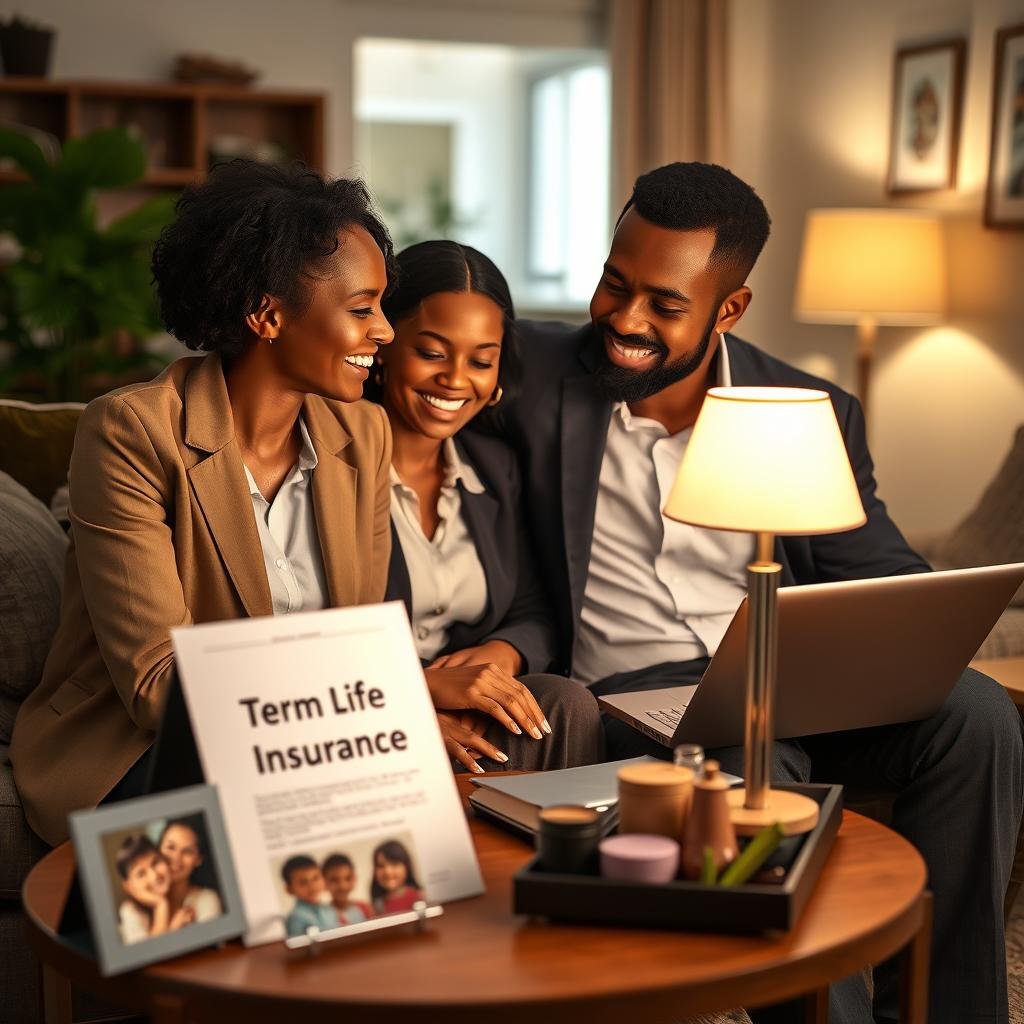 A warm and inviting scene depicting a diverse married couple in a cozy living room, engaged in a heartfelt conversation about their future. The couple, dressed in professional business attire, sits at a small table with a laptop open and a document titled "Term Life Insurance" prominently displayed. In the foreground, a subtle family photo of smiling children sits next to them, symbolizing their motivation for planning. The middle ground showcases a softly lit lamp casting a gentle glow, creating an intimate atmosphere. The background features a welcoming home setting with tasteful decor and a sense of security. The lighting is warm and inviting, enhancing the couple's expressions of hope and determination, evoking a mood of trust and future planning. Use a wide lens angle to capture the emotional connection between them.