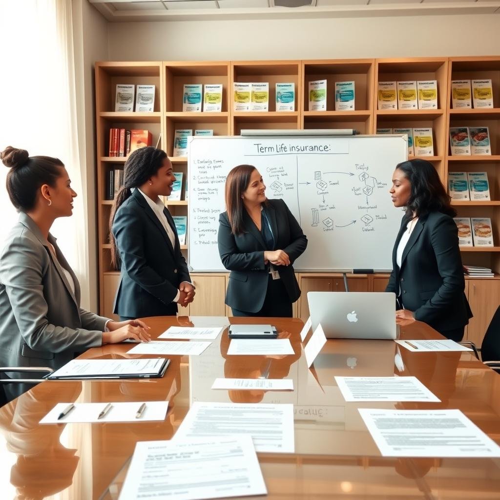 A well-organized office setting showcasing the term life insurance application process. In the foreground, a diverse group of three professionals in smart business attire are engaged in discussion around a polished conference table with application forms and a laptop. In the middle ground, a large whiteboard displays flowcharts illustrating the application steps, including medical exams and documentation. The background features shelves filled with neatly arranged insurance brochures and a large window letting in soft, natural light for a warm atmosphere. The scene is captured from a slightly elevated angle for a comprehensive view, emphasizing collaboration and clarity in the application process, creating a sense of professionalism and trust.