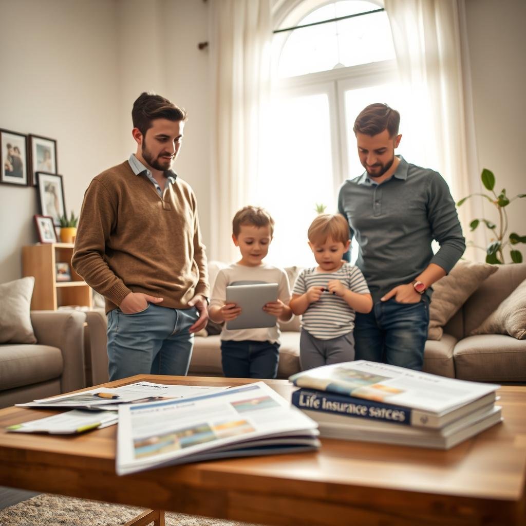 A young family stands together in a warm, cozy living room, reflecting on their future. The foreground features a couple, dressed in smart casual attire, looking thoughtfully at a laptop on a coffee table filled with paperwork and a life insurance brochure. Their expressions convey determination and care. In the middle ground, their two young children are playing with toys, symbolizing innocence and the need for protection. The background showcases soft, natural lighting filtering through a large window, creating a welcoming atmosphere. The room is decorated with family photos and plants, enhancing the sense of home. The mood is hopeful and secure, illustrating the importance of making thoughtful financial decisions for loved ones. A young family stands together in a warm, cozy living room, reflecting on their future. The foreground features a couple, dressed in smart casual attire, looking thoughtfully at a laptop on a coffee table filled with paperwork and a life insurance brochure. Their expressions convey determination and care. In the middle ground, their two young children are playing with toys, symbolizing innocence and the need for protection. The background showcases soft, natural lighting filtering through a large window, creating a welcoming atmosphere. The room is decorated with family photos and plants, enhancing the sense of home. The mood is hopeful and secure, illustrating the importance of making thoughtful financial decisions for loved ones.