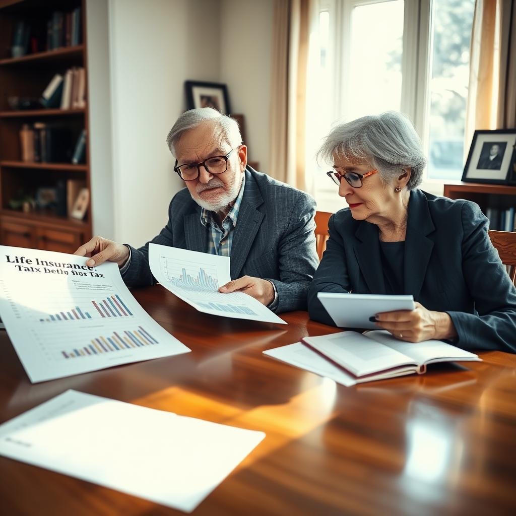An elderly couple seated at a polished wooden dining table, reviewing documents related to life insurance and tax benefits. The man, wearing a tailored blazer and glasses, points to a chart filled with graphs, while the woman, dressed in professional attire, takes notes on a notepad, her expression focused and engaged. Sunlight streams through a nearby window, creating a warm, inviting atmosphere. In the background, a bookshelf filled with financial books and a few family photos adds a personal touch. Soft, diffused lighting enhances the scene, suggesting a sense of security and thoughtful planning. The angle captures both their expressions and the documents, highlighting the importance of understanding tax implications for retirees in a peaceful, homey setting. An elderly couple seated at a polished wooden dining table, reviewing documents related to life insurance and tax benefits. The man, wearing a tailored blazer and glasses, points to a chart filled with graphs, while the woman, dressed in professional attire, takes notes on a notepad, her expression focused and engaged. Sunlight streams through a nearby window, creating a warm, inviting atmosphere. In the background, a bookshelf filled with financial books and a few family photos adds a personal touch. Soft, diffused lighting enhances the scene, suggesting a sense of security and thoughtful planning. The angle captures both their expressions and the documents, highlighting the importance of understanding tax implications for retirees in a peaceful, homey setting.