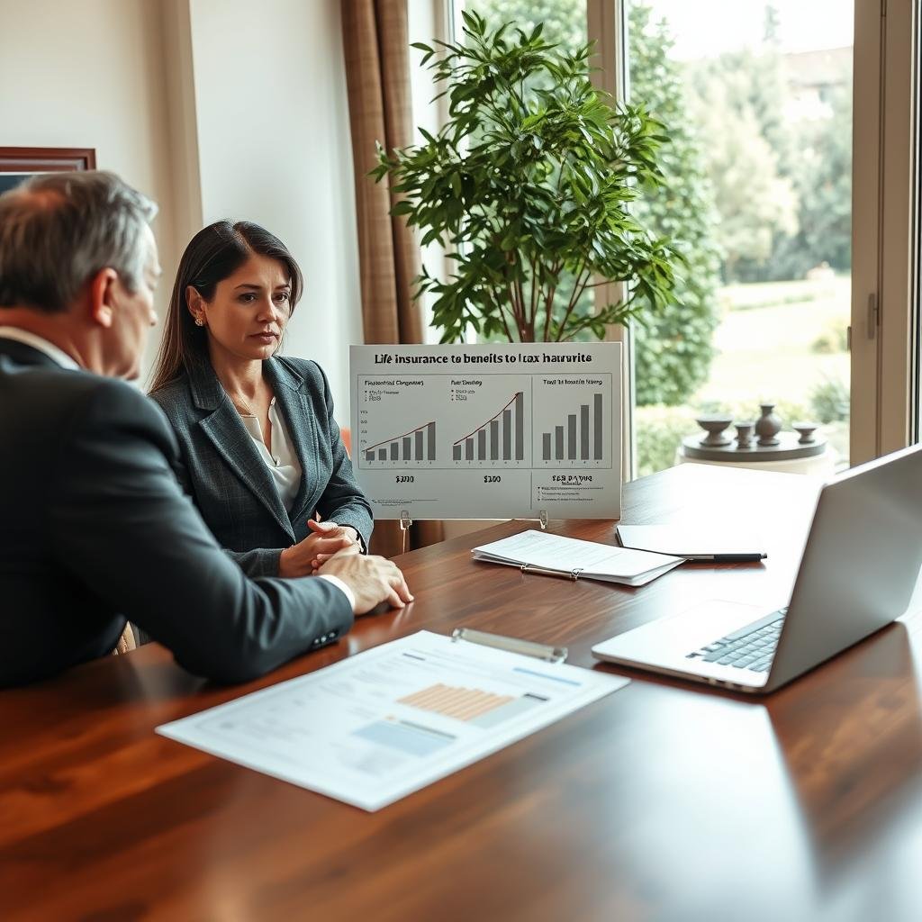 An elegant office setting with a large wooden desk in the foreground, featuring a professional woman in a business suit, intently discussing life insurance tax benefits with a financial advisor. The middle ground includes a chart displaying growth graphs and tax savings, complemented by a laptop showing financial documents. In the background, a large window reveals a serene garden, symbolizing peace of mind and long-term planning. Soft, natural light filters through the window, creating a warm and inviting atmosphere. The composition should be framed using a slight upward angle to emphasize optimism and forward-thinking, invoking a sense of security and professionalism.